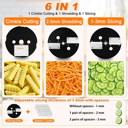 6-In-1 Electric Commercial Food Processor Multifunctional Vegetable Chopper Dicer Slicer Shredder Crinkle Cutter Automatic Discharge 2 Food Inlets With Container for Potato Onion 100W 110V