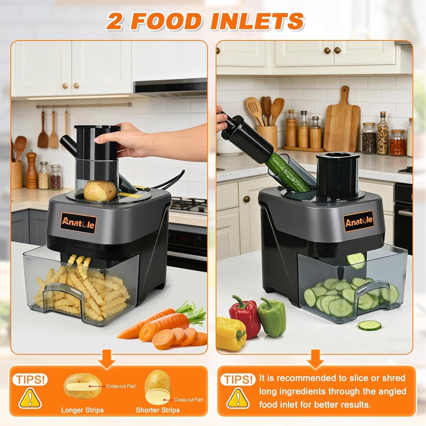 6-In-1 Electric Commercial Food Processor Multifunctional Vegetable Chopper Dicer Slicer Shredder Crinkle Cutter Automatic Discharge 2 Food Inlets With Container for Potato Onion 100W 110V