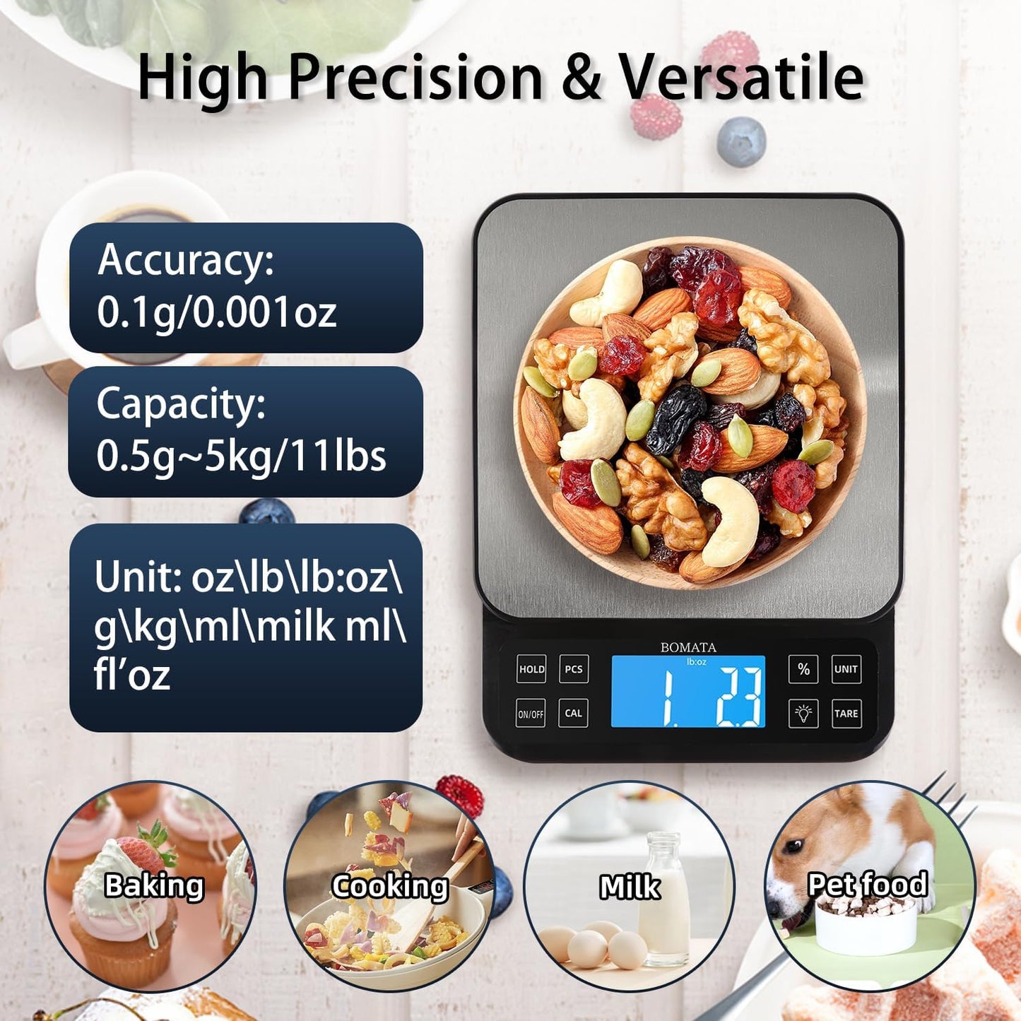 Large Kitchen Scale 0.1g/0.001oz High Precision, 11lb Bakery Scale | % Percentage Function, USB Rechargeable, Full-View Angle LCD with Backlight, Stainless Steel Pan