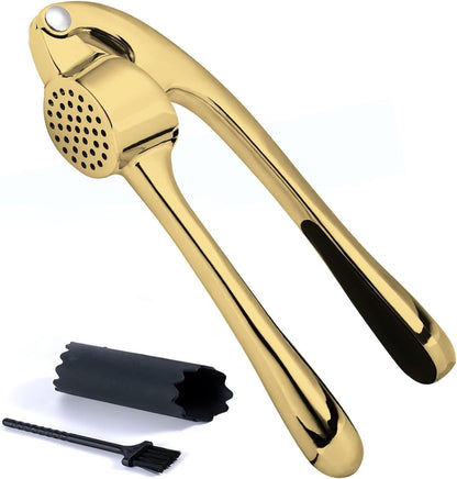 High Effective Premium Garlic Press Set, With Silicone Garlic Peeler & Brush, Heavy Duty Garlic Mincer, Easy to Squeeze and Clean, Rust Proof & Dishwasher Safe - Gold