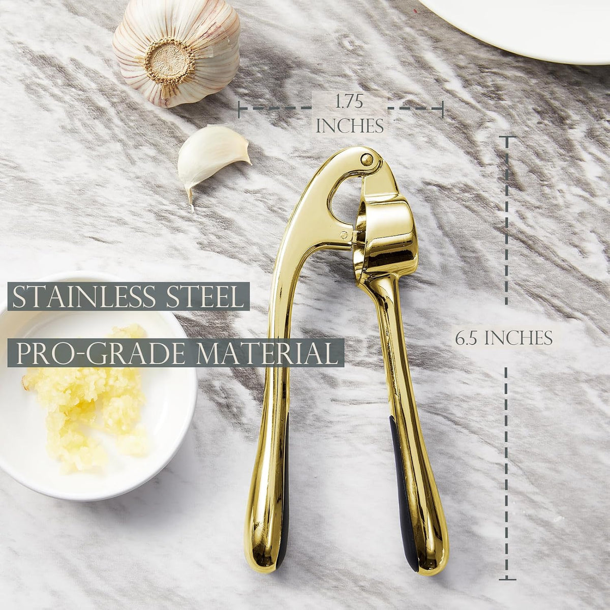 High Effective Premium Garlic Press Set, With Silicone Garlic Peeler & Brush, Heavy Duty Garlic Mincer, Easy to Squeeze and Clean, Rust Proof & Dishwasher Safe - Gold