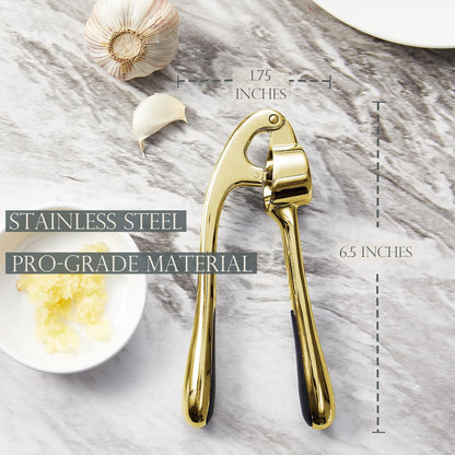 High Effective Premium Garlic Press Set, With Silicone Garlic Peeler & Brush, Heavy Duty Garlic Mincer, Easy to Squeeze and Clean, Rust Proof & Dishwasher Safe - Gold
