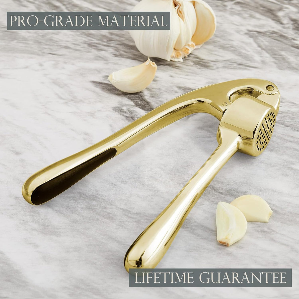 High Effective Premium Garlic Press Set, With Silicone Garlic Peeler & Brush, Heavy Duty Garlic Mincer, Easy to Squeeze and Clean, Rust Proof & Dishwasher Safe - Gold