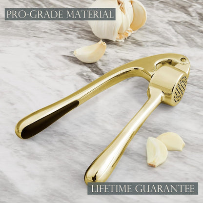 High Effective Premium Garlic Press Set, With Silicone Garlic Peeler & Brush, Heavy Duty Garlic Mincer, Easy to Squeeze and Clean, Rust Proof & Dishwasher Safe - Gold