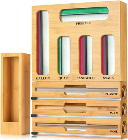 9 in 1 Bamboo Storage Bag Organizer for Kitchen Drawer, Bamboo Kitchen Drawer Organizer with Cutter, Foil and Plastic Wrap Dispenser, Ideal Storage for Gallon, Quart, Sandwich and Snack Bags