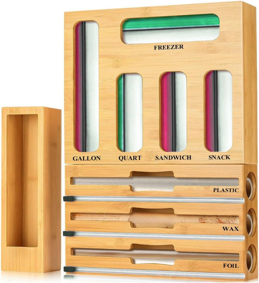 9 in 1 Bamboo Storage Bag Organizer for Kitchen Drawer, Bamboo Kitchen Drawer Organizer with Cutter, Foil and Plastic Wrap Dispenser, Ideal Storage for Gallon, Quart, Sandwich and Snack Bags