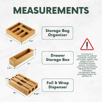 9 in 1 Bamboo Storage Bag Organizer for Kitchen Drawer, Bamboo Kitchen Drawer Organizer with Cutter, Foil and Plastic Wrap Dispenser, Ideal Storage for Gallon, Quart, Sandwich and Snack Bags