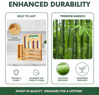 9 in 1 Bamboo Storage Bag Organizer for Kitchen Drawer, Bamboo Kitchen Drawer Organizer with Cutter, Foil and Plastic Wrap Dispenser, Ideal Storage for Gallon, Quart, Sandwich and Snack Bags