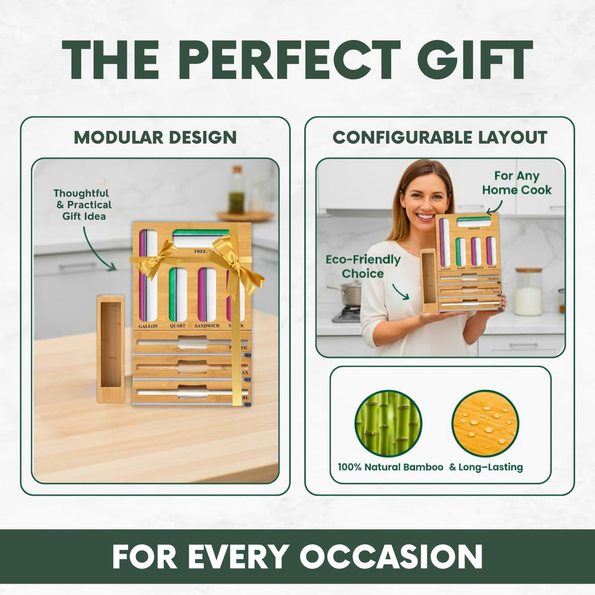 9 in 1 Bamboo Storage Bag Organizer for Kitchen Drawer, Bamboo Kitchen Drawer Organizer with Cutter, Foil and Plastic Wrap Dispenser, Ideal Storage for Gallon, Quart, Sandwich and Snack Bags
