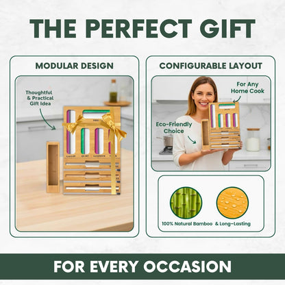 9 in 1 Bamboo Storage Bag Organizer for Kitchen Drawer, Bamboo Kitchen Drawer Organizer with Cutter, Foil and Plastic Wrap Dispenser, Ideal Storage for Gallon, Quart, Sandwich and Snack Bags