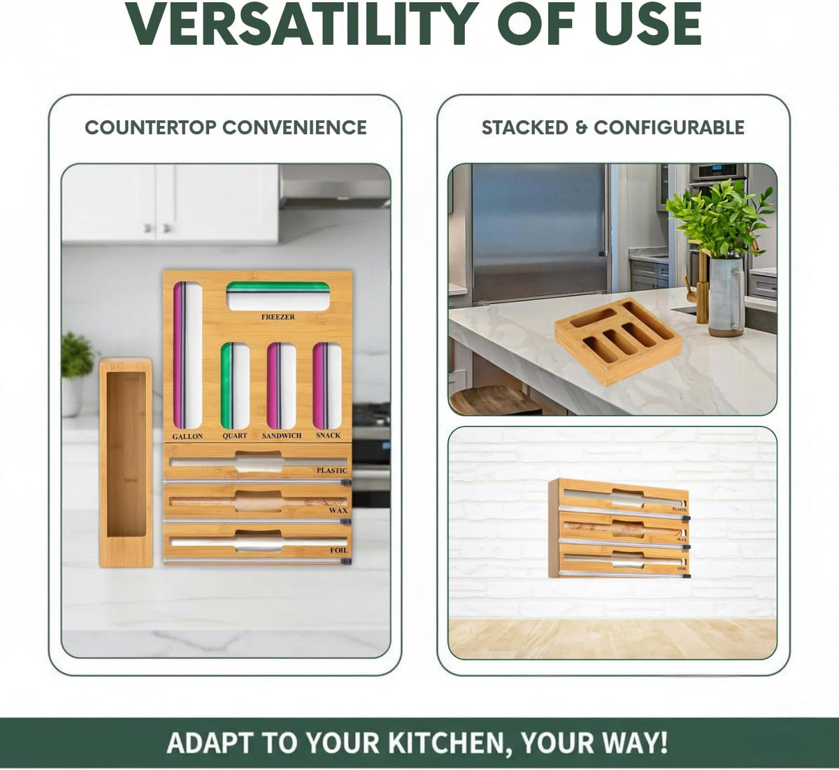 9 in 1 Bamboo Storage Bag Organizer for Kitchen Drawer, Bamboo Kitchen Drawer Organizer with Cutter, Foil and Plastic Wrap Dispenser, Ideal Storage for Gallon, Quart, Sandwich and Snack Bags