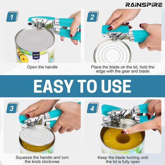 Can Opener Manual Handheld Strong Manual Can Opener Smooth Edge Cut, Can Opener Heavy Duty, Comfortable Soft Handle, Built-in Bottle Opener, Blue