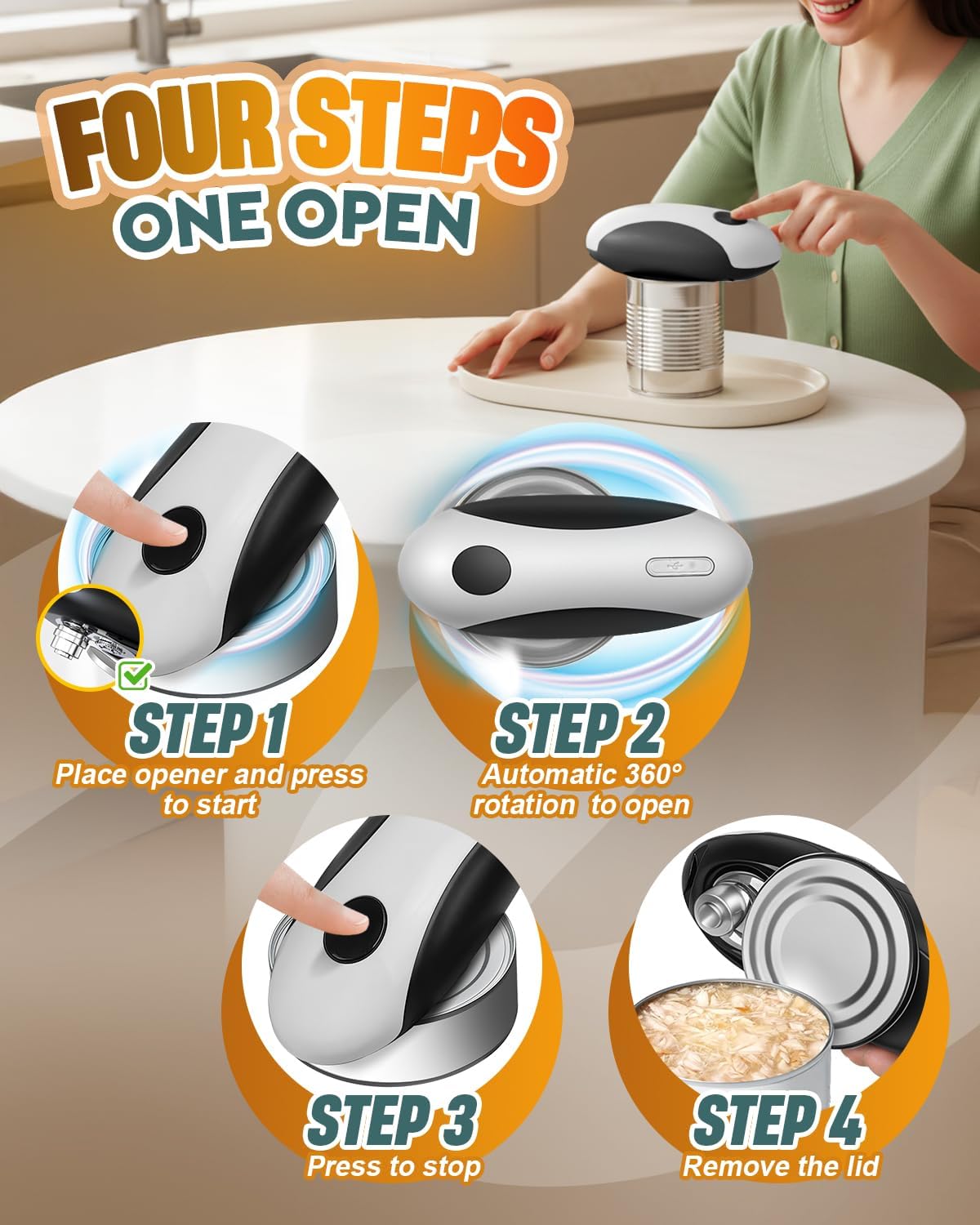 Electric Can Opener, Automatic Rechargeable Can Openers with One-Touch Smooth Edge & Magnetic Lid - Hands-Free Easy-Grip Opener for Seniors with Arthritis and Most Cans