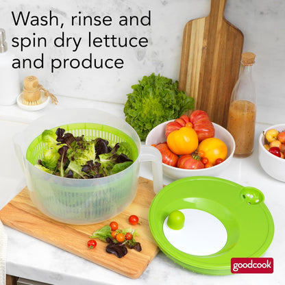 Deluxe Salad Spinner - 6 Qt. Capacity, Easy Turn Knob, Built-In Pour Spout, Multi-Use Basket, Durable and Dishwasher-Safe, Large Capacity, Green