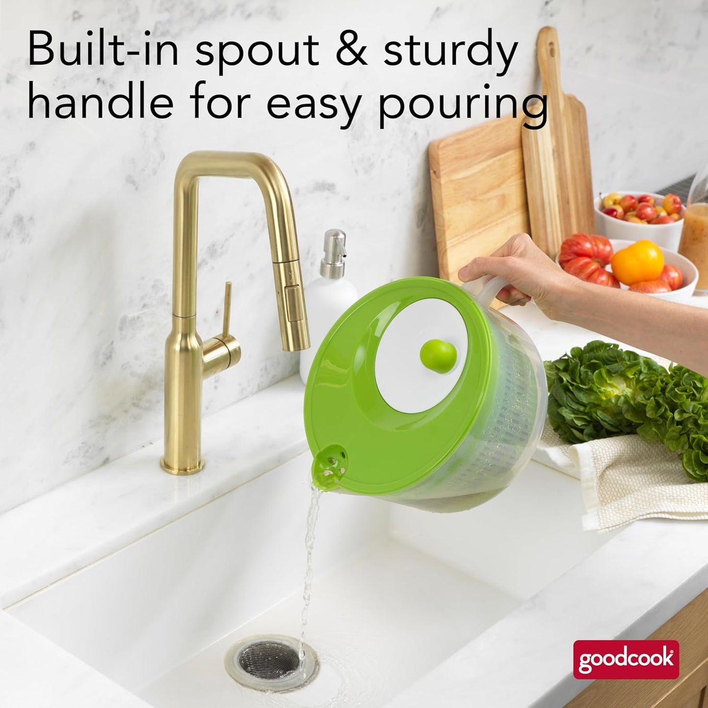 Deluxe Salad Spinner - 6 Qt. Capacity, Easy Turn Knob, Built-In Pour Spout, Multi-Use Basket, Durable and Dishwasher-Safe, Large Capacity, Green