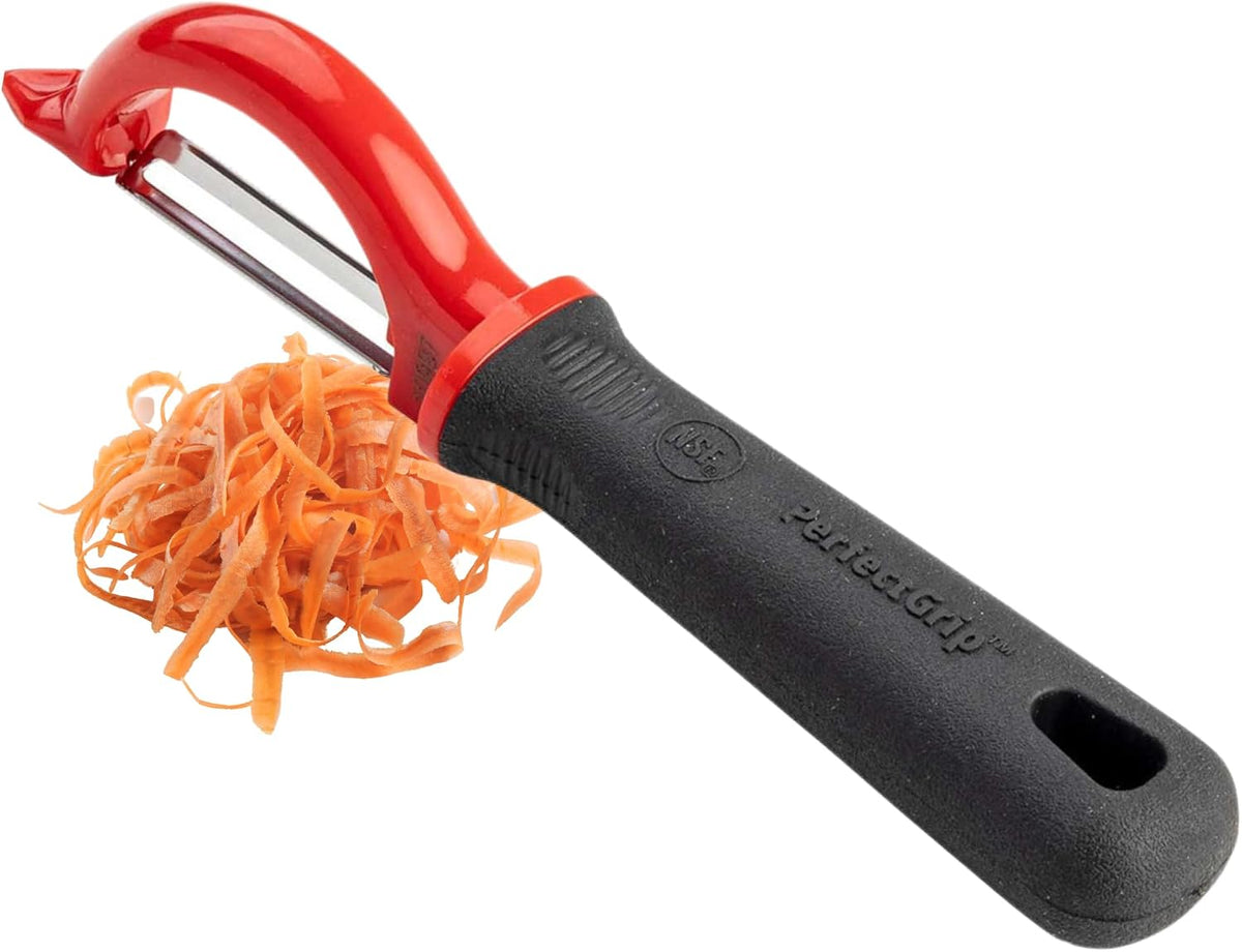10997 Vegetable Peeler, Stainless Steel, Straight Edge, Ergonomic Non-Slip Handle with Eye Remover, 1.125"x1.375"x7.25", Red/Black – Commercial Kitchen Use