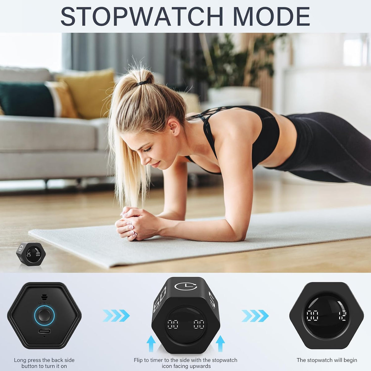 Rotating Productivity Timer 5, 25, 10 30,60 Mins Preset Stopwatch, Desk Flip ProductivityTimer, ADHD Tool Hexagon, Vibration/Mute/Alarm, for Work, Study, Back to School, Kitchen, Black