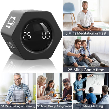 Rotating Productivity Timer 5, 25, 10 30,60 Mins Preset Stopwatch, Desk Flip ProductivityTimer, ADHD Tool Hexagon, Vibration/Mute/Alarm, for Work, Study, Back to School, Kitchen, Black