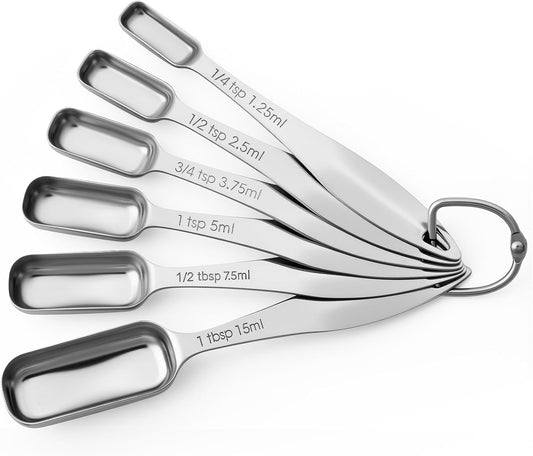 Stainless Steel Measuring Spoons Set of 6, Narrow Design | Fits Spice Jars, Dishwasher Safe, Detachable Ring, Long Handles, Engraved Measurements, Baking & Cooking Use