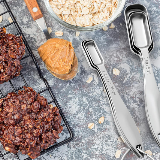 Stainless Steel Measuring Spoons Set of 6, Narrow Design | Fits Spice Jars, Dishwasher Safe, Detachable Ring, Long Handles, Engraved Measurements, Baking & Cooking Use