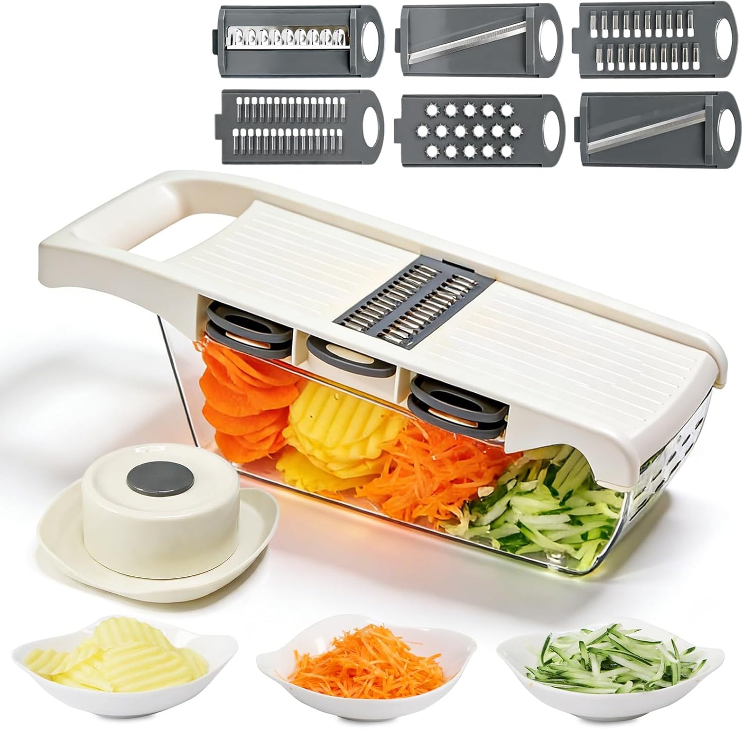 6-in-1 Mandoline Slicer for Kitchen, Multi Blade Veggie Cutter with Drainage Tray, Stainless Steel Blades, BPA-Free, Non-Slip Base & Easy Clean for Meal Prep (stainless steel)