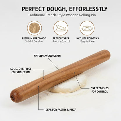 French-Style Rolling Pin, Premium Hardwood with Natural Wood Grain, 18 Inch Tapered Design for Pastry and Pizza, Non-Stick Surface, Solid One-Piece Construction, Brown