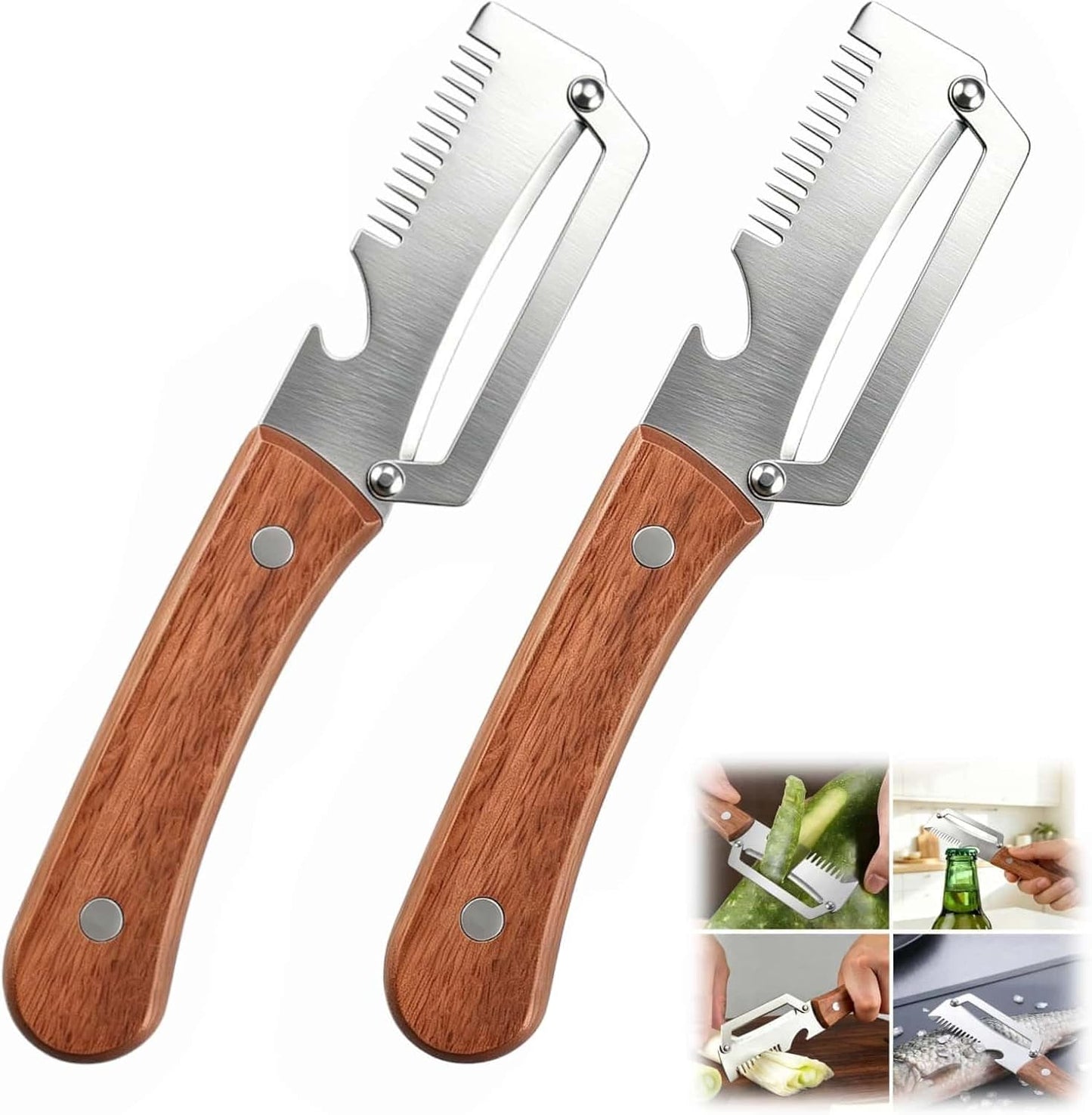 Multi functional Vegetable Peelers for Kitchen, 4 in 1 Wooden Handle Stainless Steel Peeler (peelers shreddingBottle Openerscaling fish) for Fruit Veggie potato Pumpkin, Gifts for Mom (W2pcs）