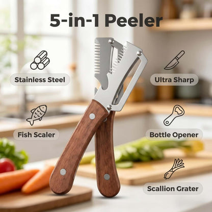 Multi functional Vegetable Peelers for Kitchen, 4 in 1 Wooden Handle Stainless Steel Peeler (peelers shreddingBottle Openerscaling fish) for Fruit Veggie potato Pumpkin, Gifts for Mom (W2pcs）