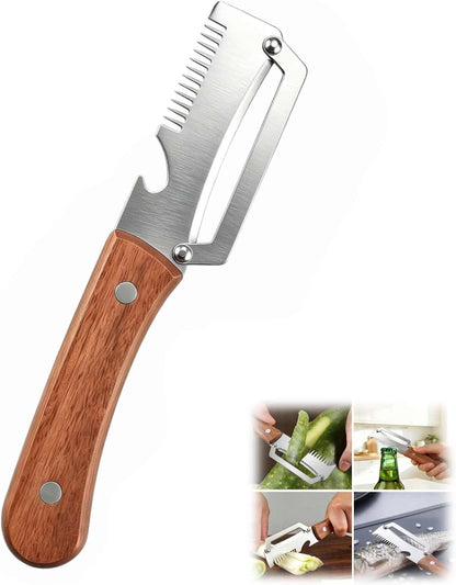 Multi functional Vegetable Peelers for Kitchen, 4 in 1 Wooden Handle Stainless Steel Peeler (peelers shreddingBottle Openerscaling fish) for Fruit Veggie potato Pumpkin, Gifts for Mom (W2pcs）