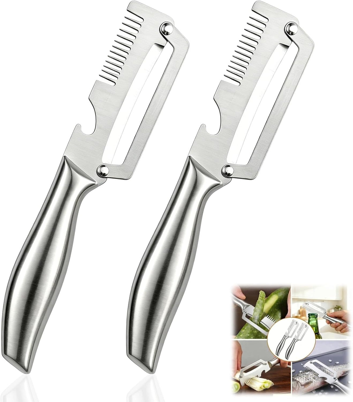 Multi functional Vegetable Peelers for Kitchen, 4 in 1 Wooden Handle Stainless Steel Peeler (peelers shreddingBottle Openerscaling fish) for Fruit Veggie potato Pumpkin, Gifts for Mom (W2pcs）