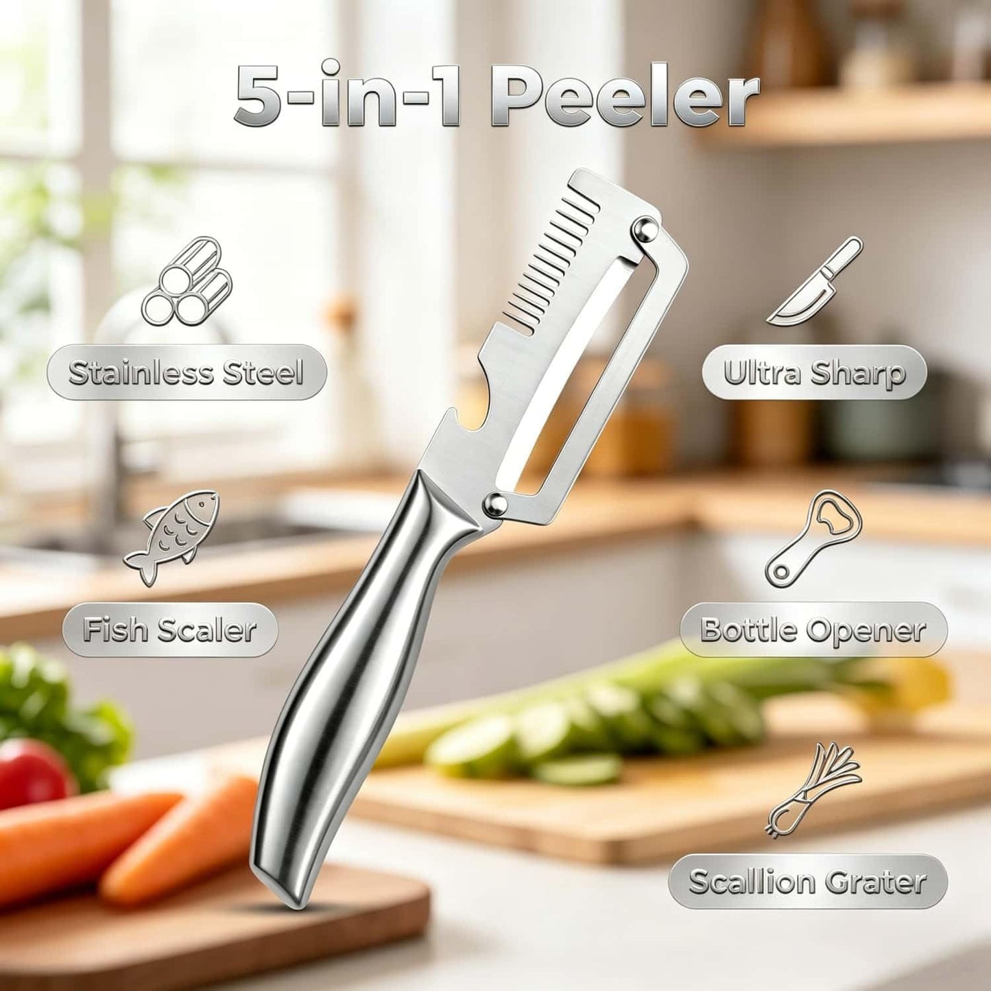 Multi functional Vegetable Peelers for Kitchen, 4 in 1 Wooden Handle Stainless Steel Peeler (peelers shreddingBottle Openerscaling fish) for Fruit Veggie potato Pumpkin, Gifts for Mom (W2pcs）