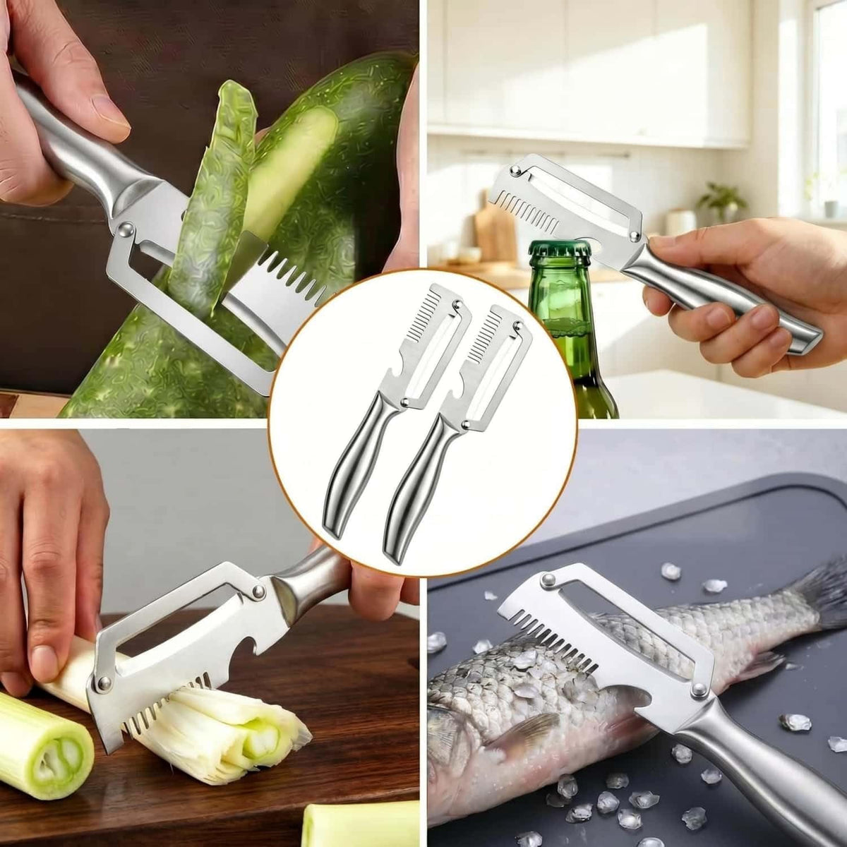 Multi functional Vegetable Peelers for Kitchen, 4 in 1 Wooden Handle Stainless Steel Peeler (peelers shreddingBottle Openerscaling fish) for Fruit Veggie potato Pumpkin, Gifts for Mom (W2pcs）
