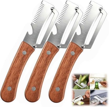 Multi functional Vegetable Peelers for Kitchen, 4 in 1 Wooden Handle Stainless Steel Peeler (peelers shreddingBottle Openerscaling fish) for Fruit Veggie potato Pumpkin, Gifts for Mom (W2pcs）