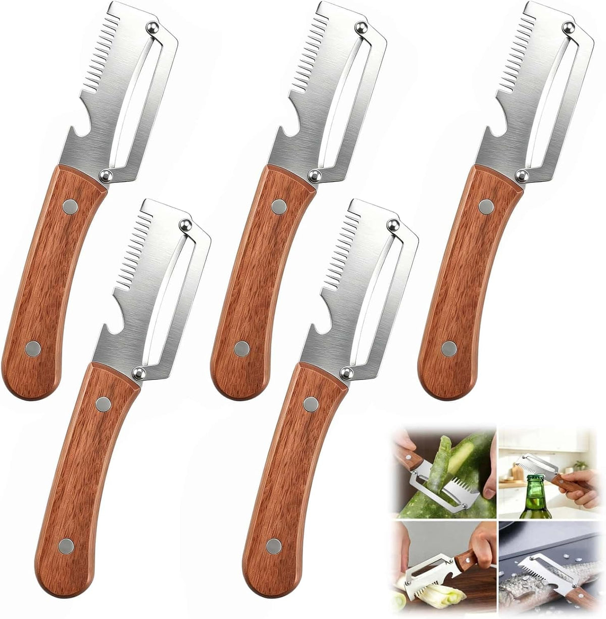 Multi functional Vegetable Peelers for Kitchen, 4 in 1 Wooden Handle Stainless Steel Peeler (peelers shreddingBottle Openerscaling fish) for Fruit Veggie potato Pumpkin, Gifts for Mom (W2pcs）