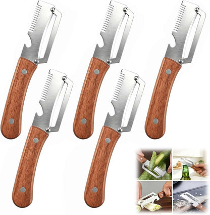 Multi functional Vegetable Peelers for Kitchen, 4 in 1 Wooden Handle Stainless Steel Peeler (peelers shreddingBottle Openerscaling fish) for Fruit Veggie potato Pumpkin, Gifts for Mom (W2pcs）