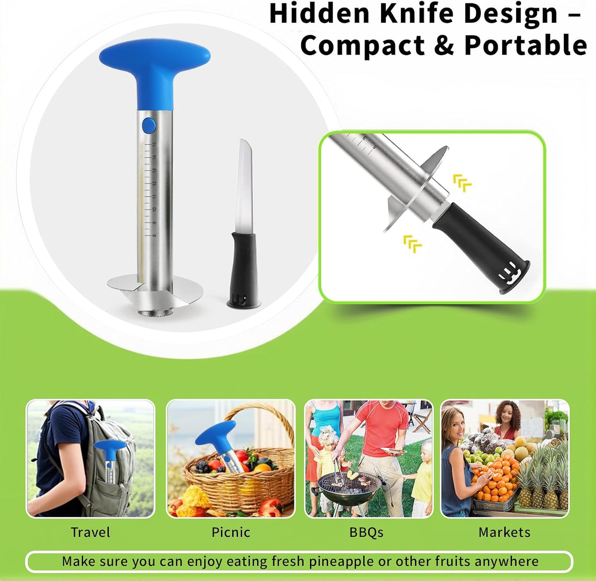 Pineapple Corer and Slicer with Measurement Marks – Stainless Steel Pineapple Cutter for Perfect Pineapple Rings & Effortless Cutting (Blue)