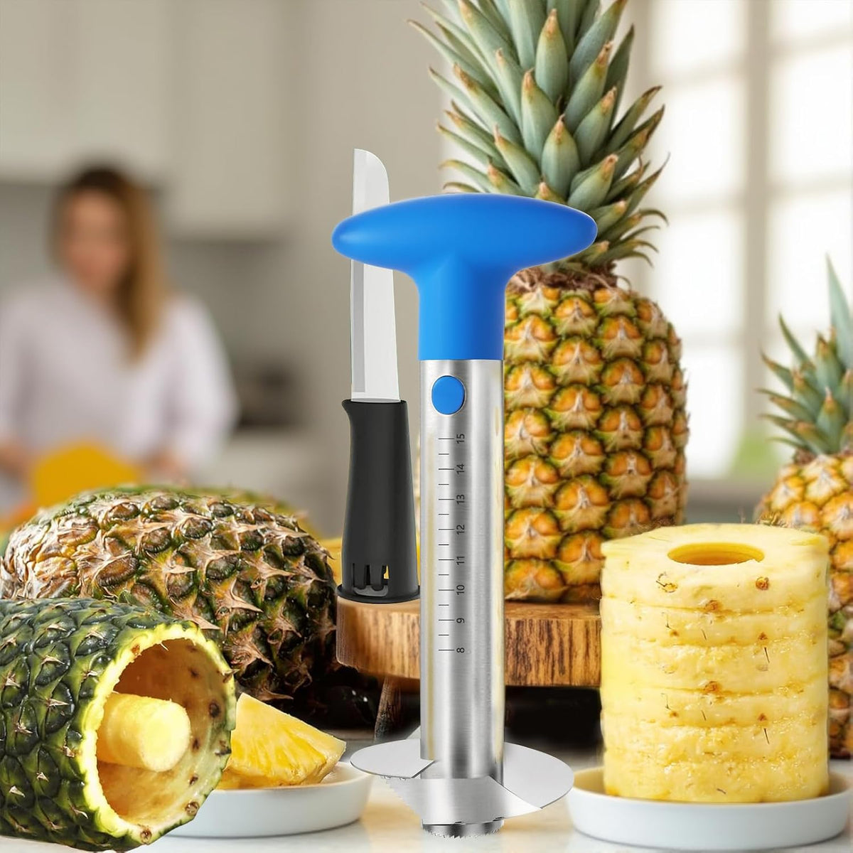 Pineapple Corer and Slicer with Measurement Marks – Stainless Steel Pineapple Cutter for Perfect Pineapple Rings & Effortless Cutting (Blue)