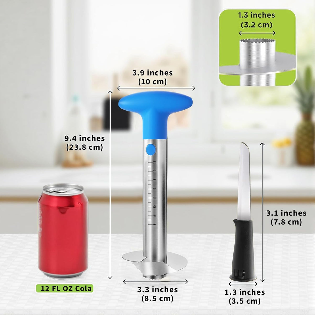 Pineapple Corer and Slicer with Measurement Marks – Stainless Steel Pineapple Cutter for Perfect Pineapple Rings & Effortless Cutting (Blue)