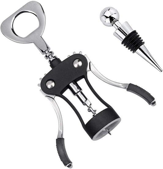 Wine Opener, Multifunctional Wing Corkscrew Wine Bottle Opener for all Cork Stoppered and Beer Cap Bottles, Luxury Waiter Corkscrew with Stopper Set for Wine Enthusiast, Waiters - Black
