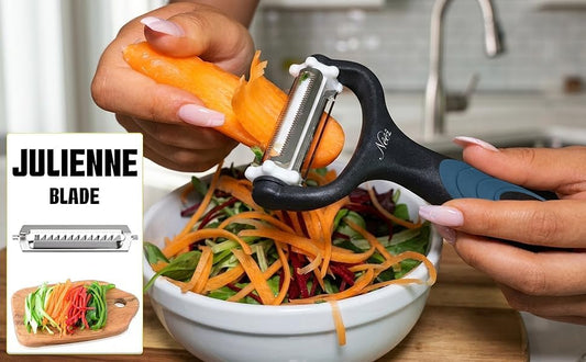 Potato Peeler + Micro-Serrated Veg Peeler + Julienne Slicer- 3 in 1 for Speed Peeling of Vegetable & Fruit - 360° Rotating Stainless Steel Julienne Cutter, Shredder & Slicer with Soft Handle