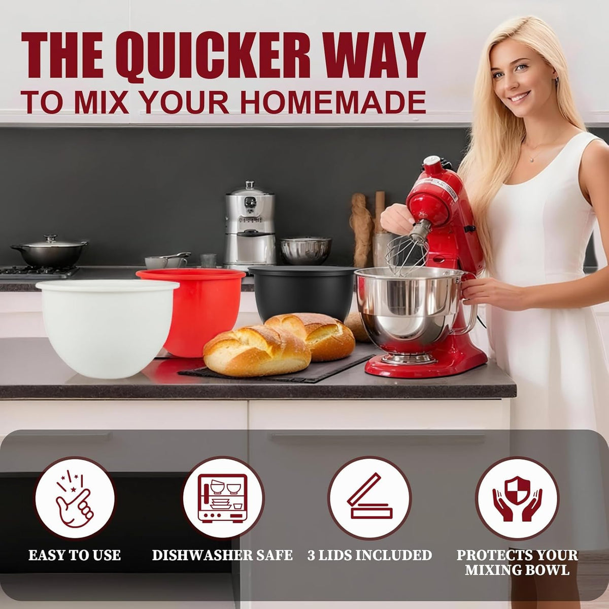 Silicone Bowl Liners for 5 Qt KitchenAid Mixers, 3 Liners with Lid