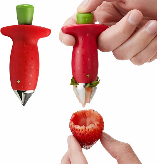 2 Pack Stainless Steel Strawberry Huller ，Tomato ，Pineapple Corer - Removes Stems & Cores Fast,Twist & Pop Design, Precise No Waste, ABS Anti-Slip Red Handle (3.7 Inch Kitchen Gadget）