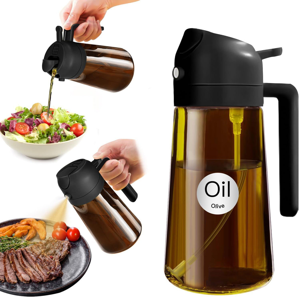 16oz/470ml Light Blocking Oil Sprayer for Cooking (Black) | Food-Grade 2 in 1 Olive Oil Dispenser Bottle for Kitchen, Premium Dark Amber Glass Oil Bottle for Air Fryer, BBQ