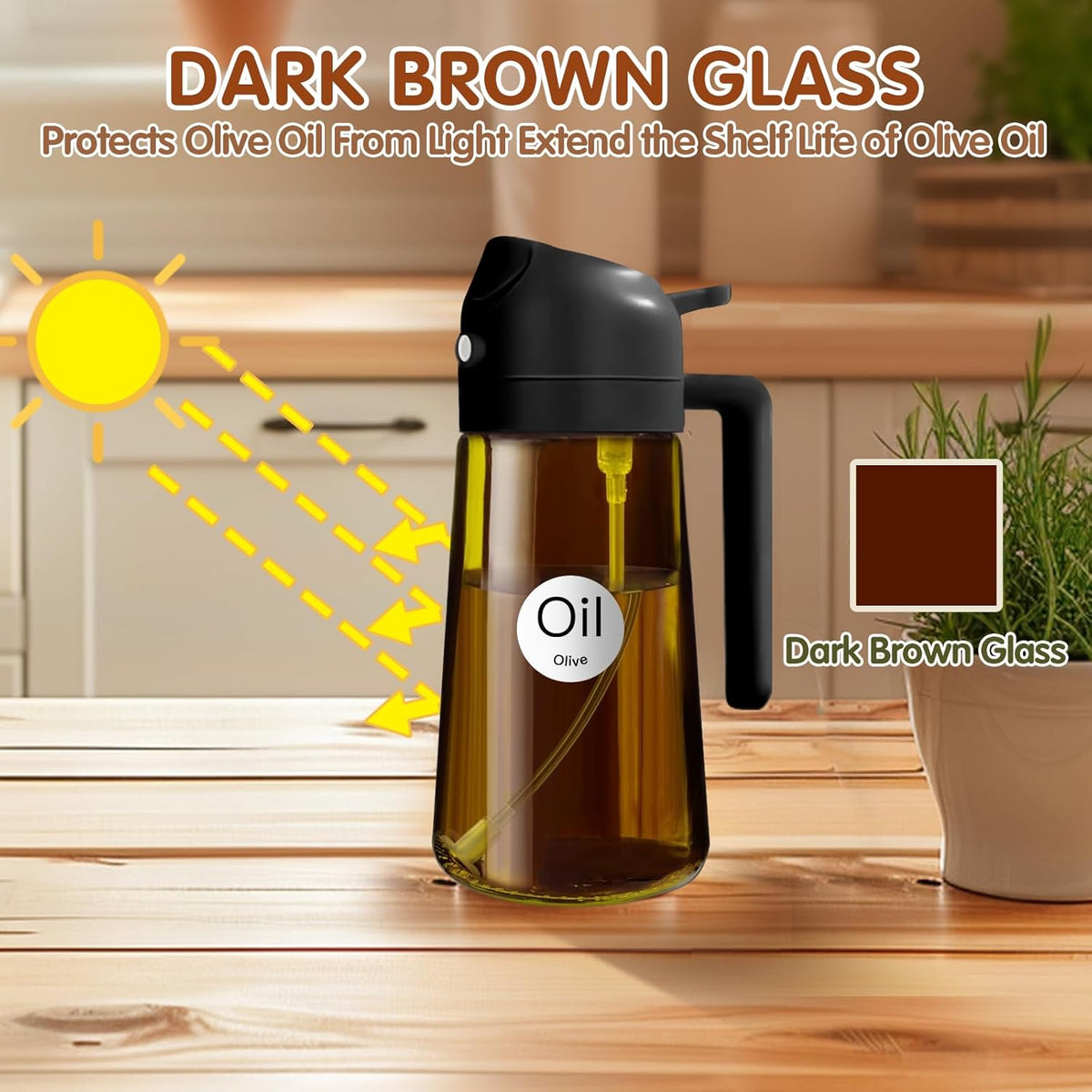 16oz/470ml Light Blocking Oil Sprayer for Cooking (Black) | Food-Grade 2 in 1 Olive Oil Dispenser Bottle for Kitchen, Premium Dark Amber Glass Oil Bottle for Air Fryer, BBQ