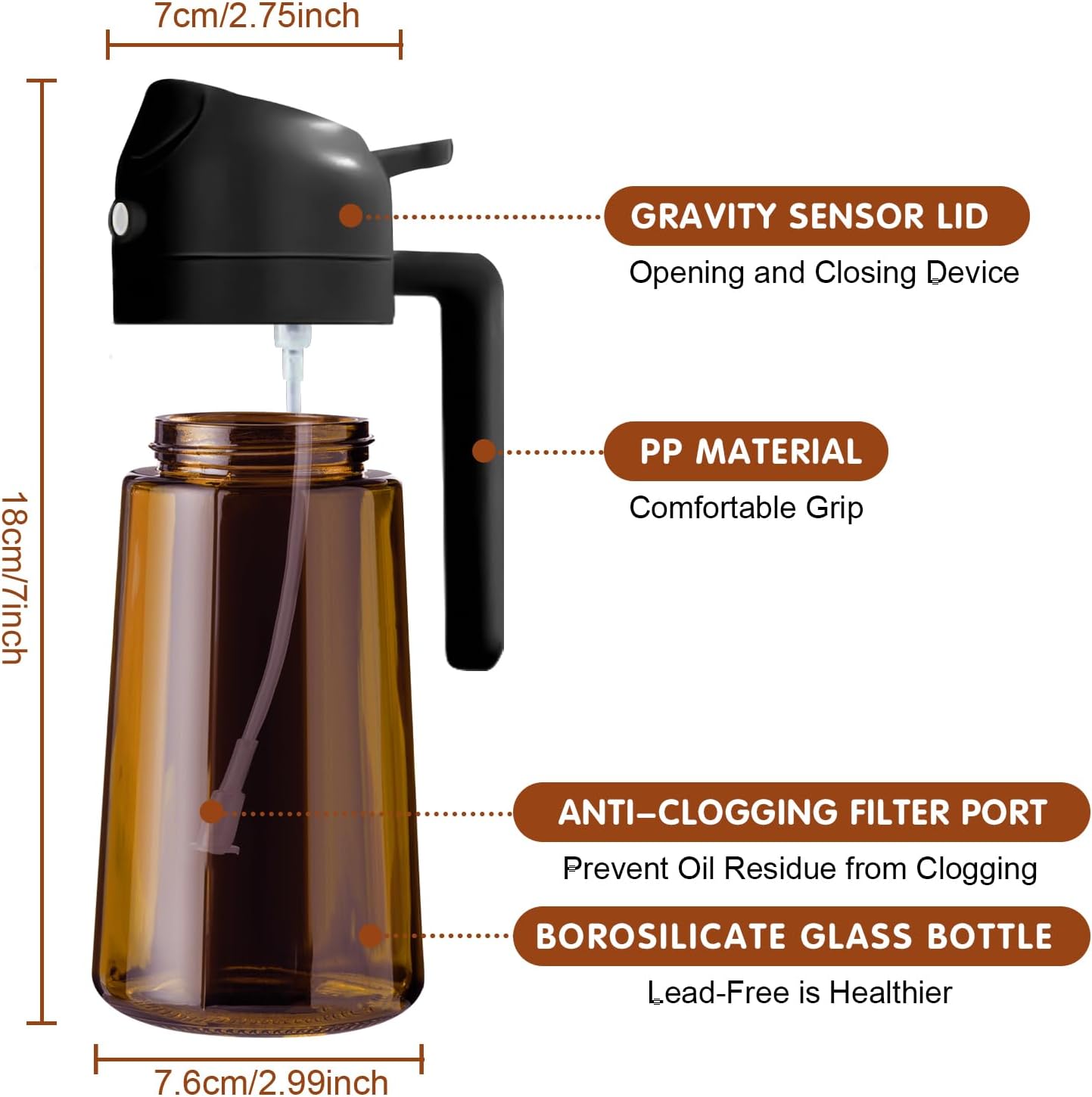 16oz/470ml Light Blocking Oil Sprayer for Cooking (Black) | Food-Grade 2 in 1 Olive Oil Dispenser Bottle for Kitchen, Premium Dark Amber Glass Oil Bottle for Air Fryer, BBQ