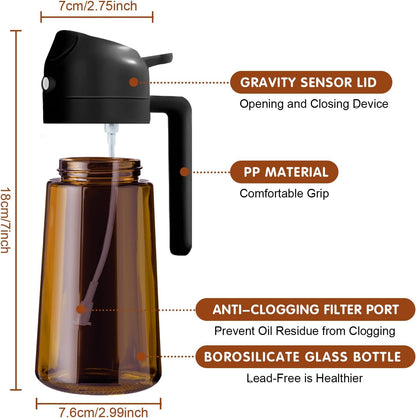 16oz/470ml Light Blocking Oil Sprayer for Cooking (Black) | Food-Grade 2 in 1 Olive Oil Dispenser Bottle for Kitchen, Premium Dark Amber Glass Oil Bottle for Air Fryer, BBQ