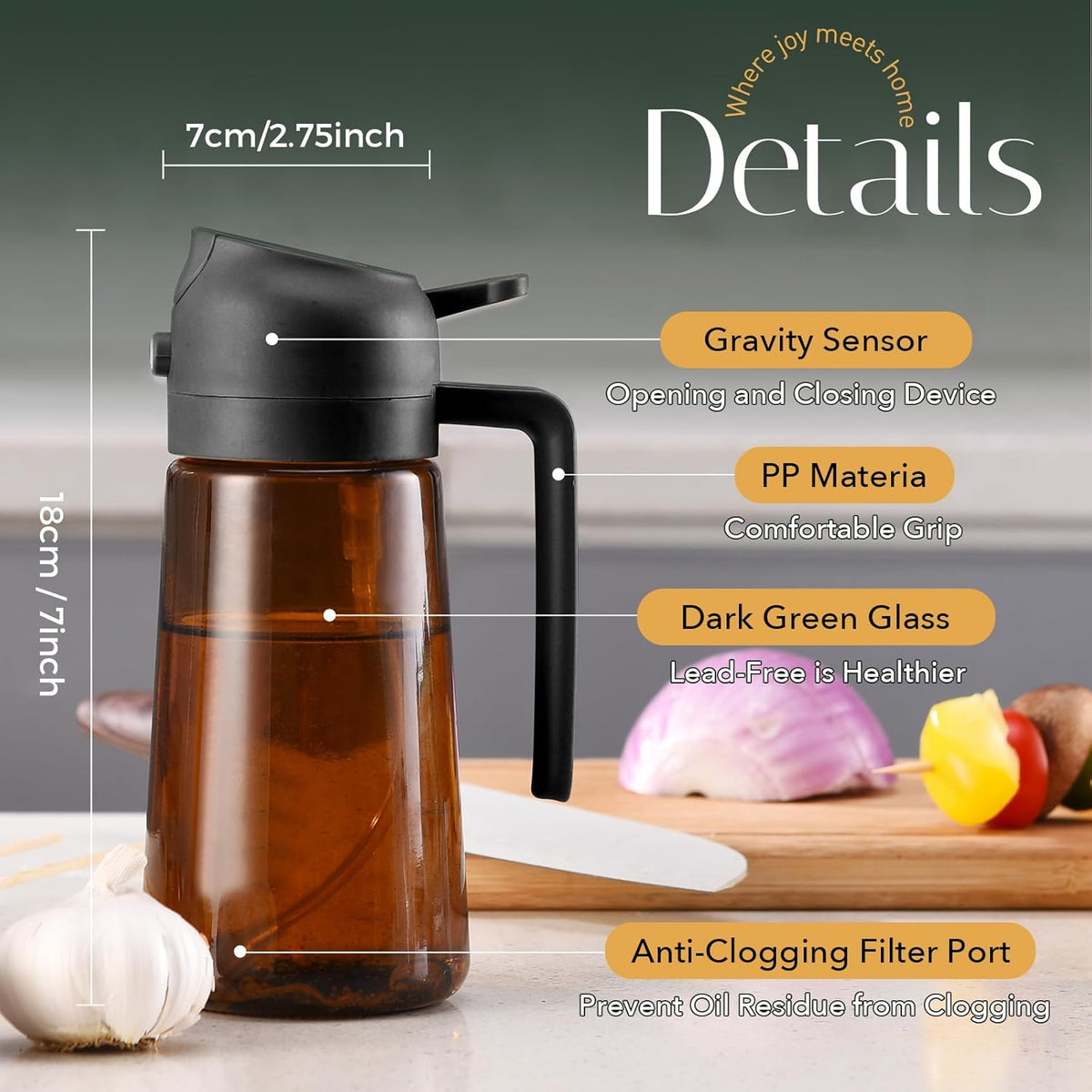 16oz/470ml Light Blocking Oil Sprayer for Cooking (Black) | Food-Grade 2 in 1 Olive Oil Dispenser Bottle for Kitchen, Premium Dark Amber Glass Oil Bottle for Air Fryer, BBQ