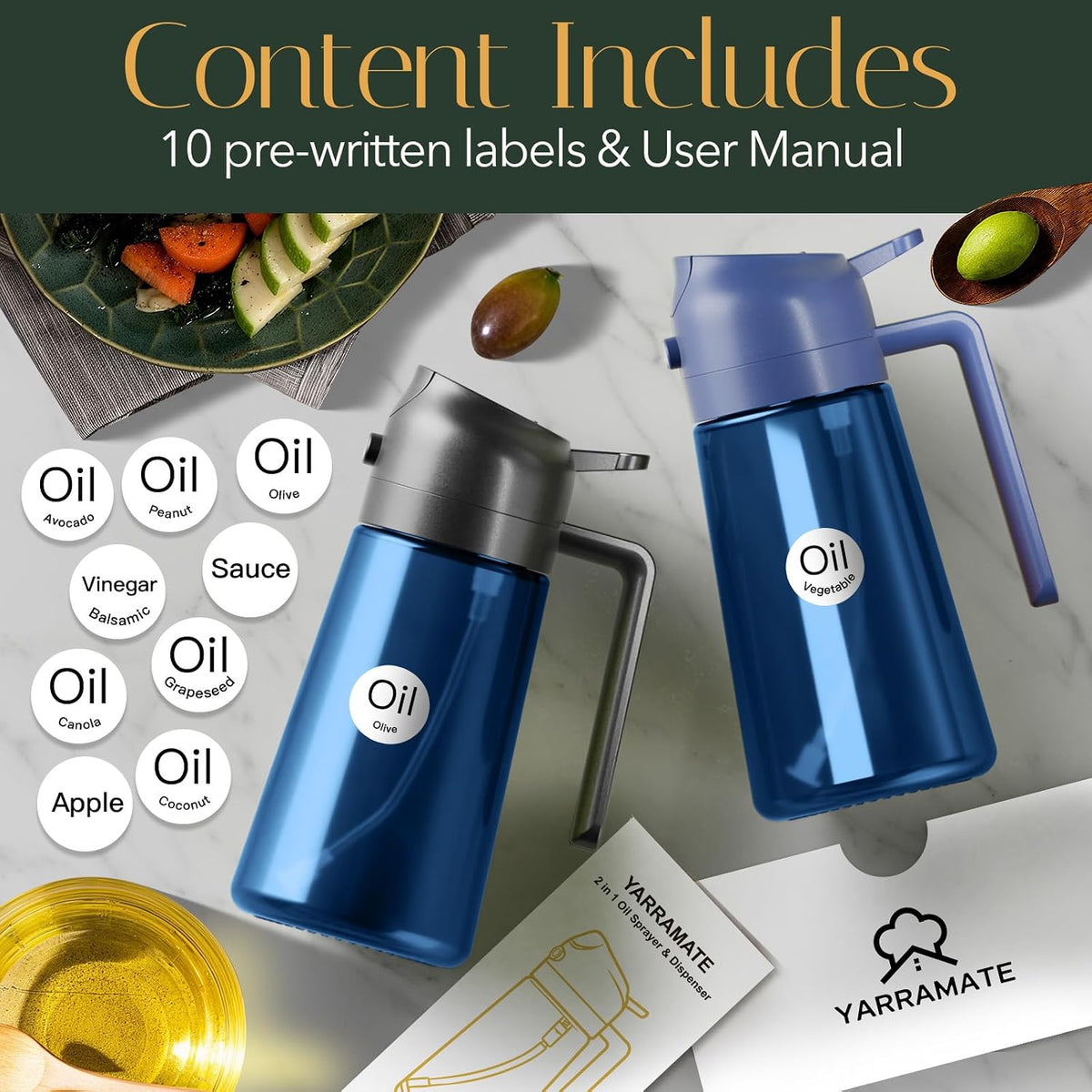 16oz/470ml Light Blocking Oil Sprayer for Cooking (Black) | Food-Grade 2 in 1 Olive Oil Dispenser Bottle for Kitchen, Premium Dark Amber Glass Oil Bottle for Air Fryer, BBQ