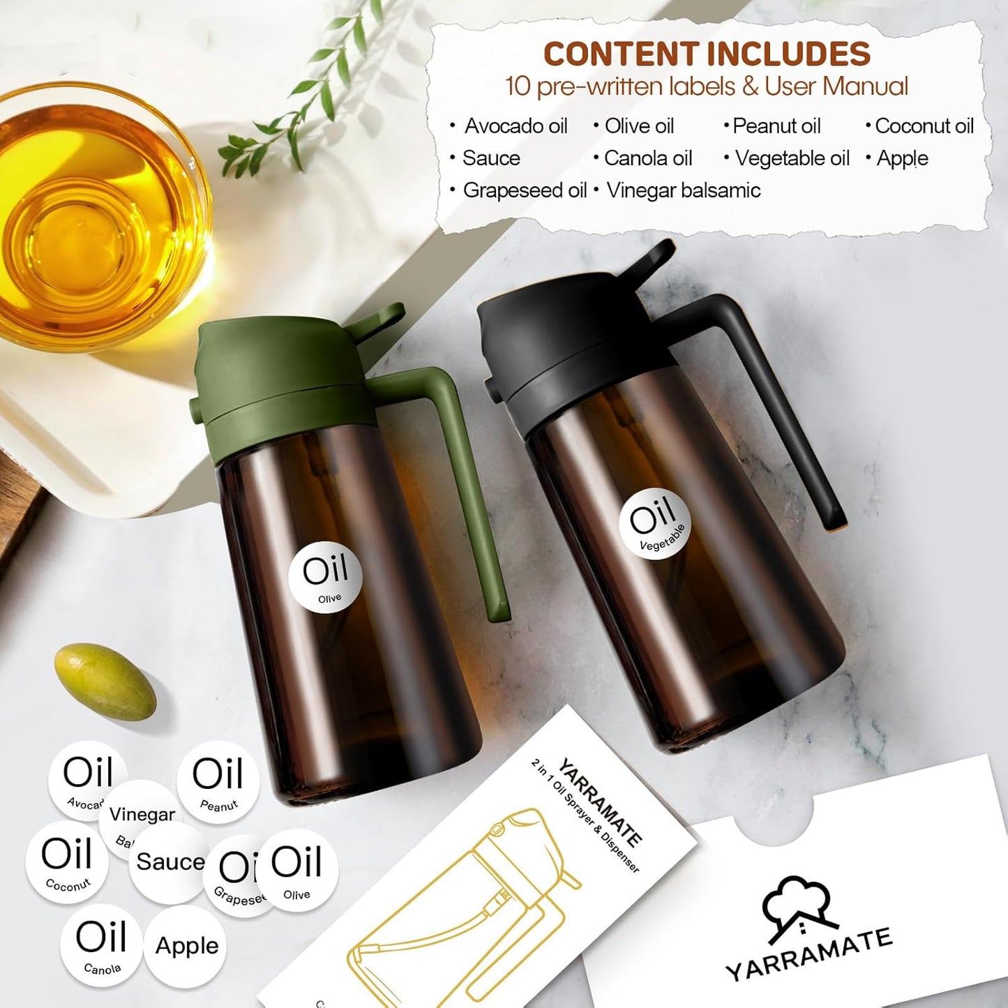 16oz/470ml Light Blocking Oil Sprayer for Cooking (Black) | Food-Grade 2 in 1 Olive Oil Dispenser Bottle for Kitchen, Premium Dark Amber Glass Oil Bottle for Air Fryer, BBQ