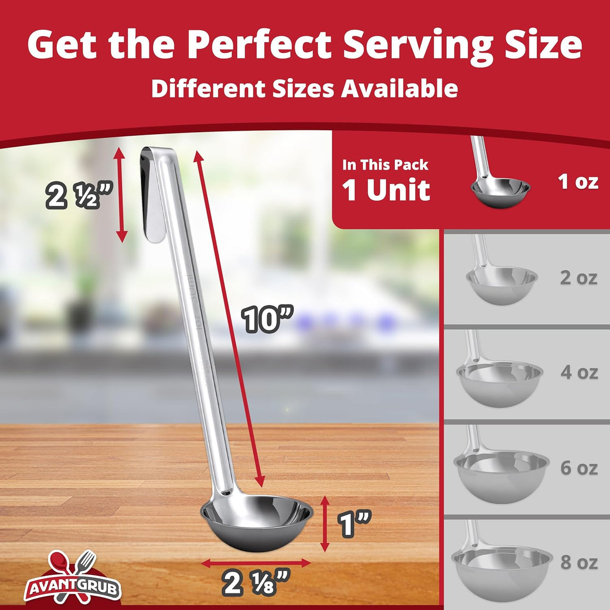 Sturdy, Ergonomic Combo Sizes Ladles 5 Pk. 1 2 4 6 8 Oz Stainless Steel Ladle with Long Handles. Best Kitchen Supplies for Stirring, Portioning and Serving Soup, Chili and Stew in Restaurants and Home